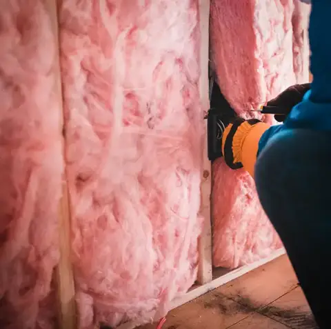 A worker feeds wires through newly installed insulation in a home.