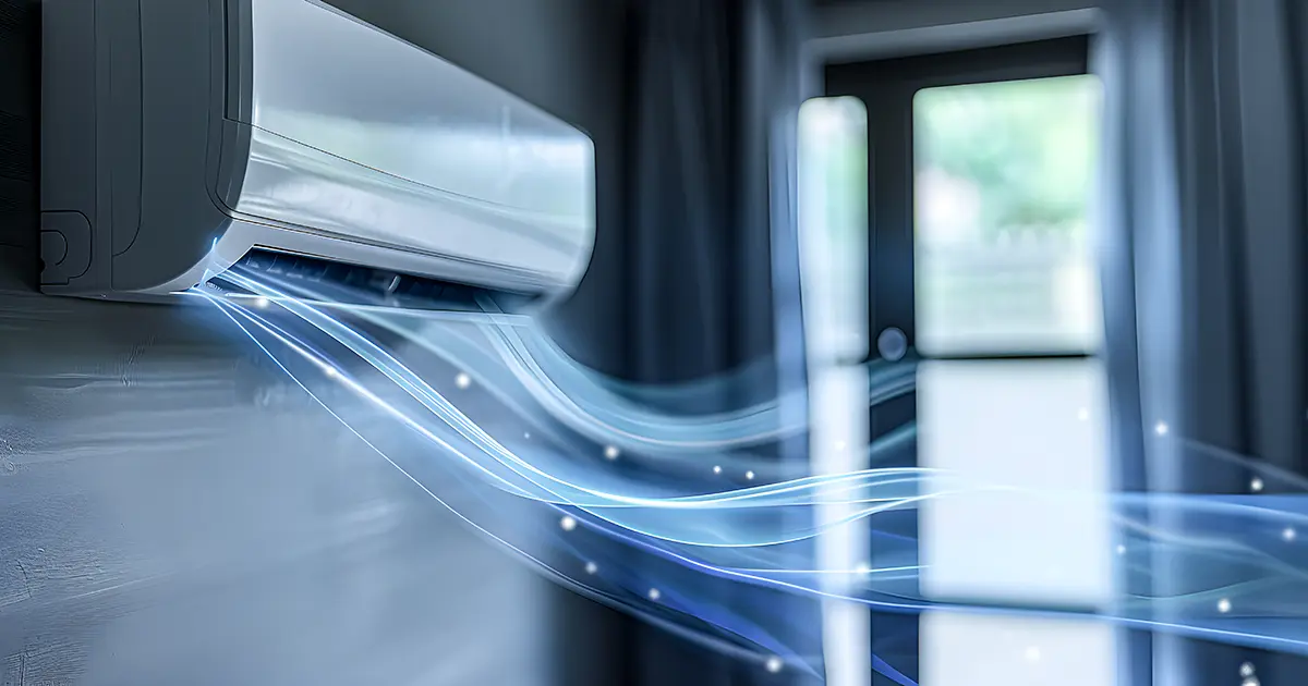 A cool breeze emanates from the AC on the wall.