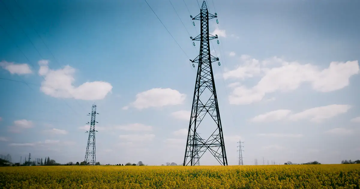 Power lines stretch from tower to tower across the Texas landscape.