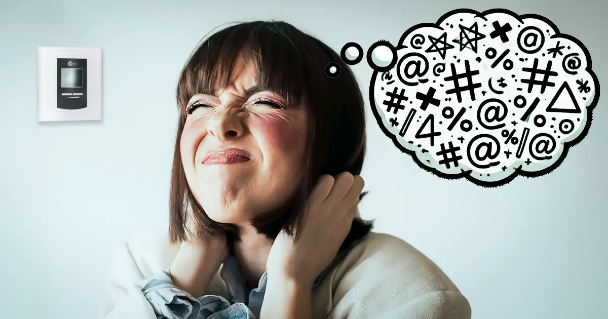 A lady pulls her hair in frustration over a blank thermostat.