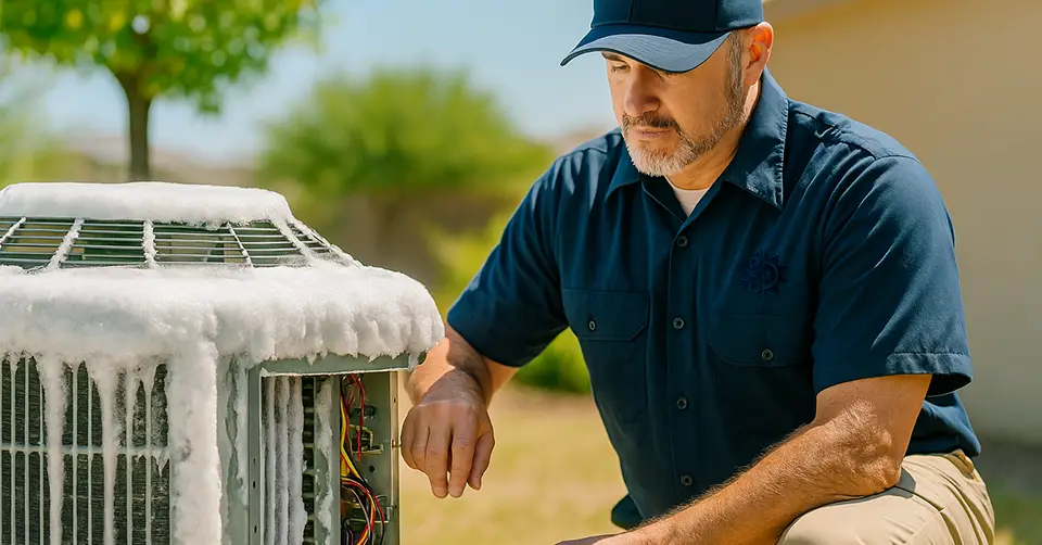 A technician from Empire Heating & Air is working an on air conditioner that is frozen up during summer.