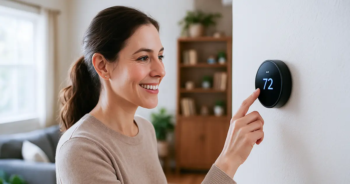 A woman sets her thermostat, and has a smile on her face because she knows she's saving money.