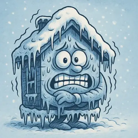 House covered in ice is shivering from the winter cold.