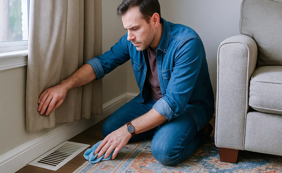 Homeowner ensures that no furniture or rugs are blocking his heat register.