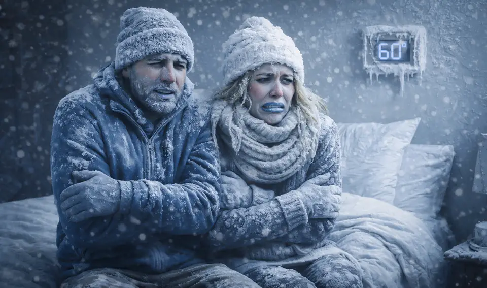 A couple sits on their bed, shivering and covered in ice, because their furnace is broken.