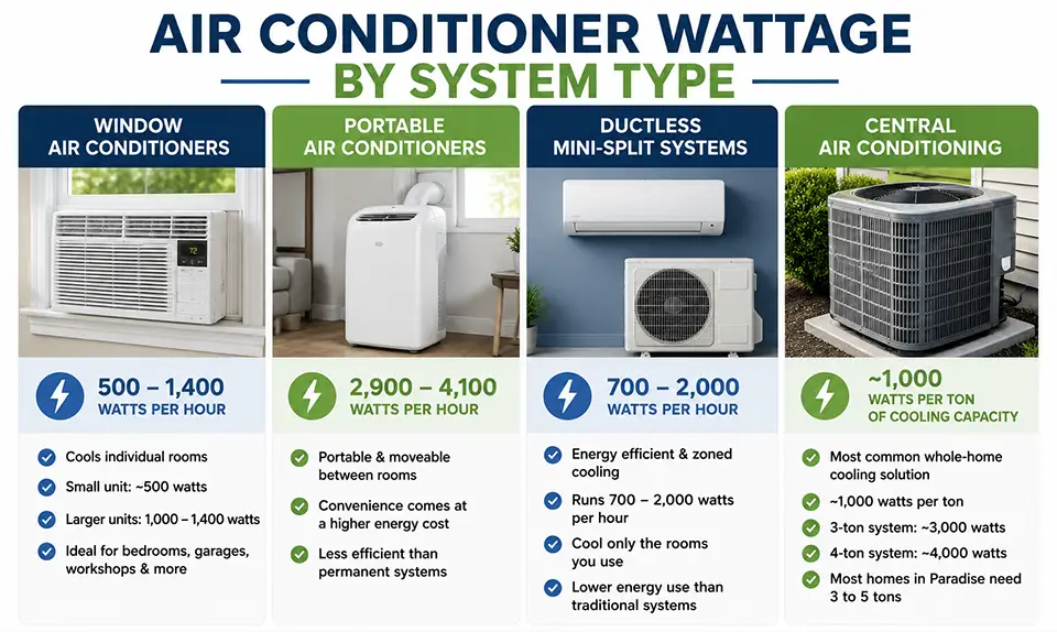 Air Conditioner wattage by system type (Window, Portable, Ductless, Central)