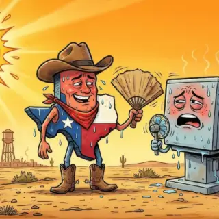 Cartoon cowboy happily holding a fan in a scorching desert while a distressed air conditioning unit struggles in extreme Texas heat