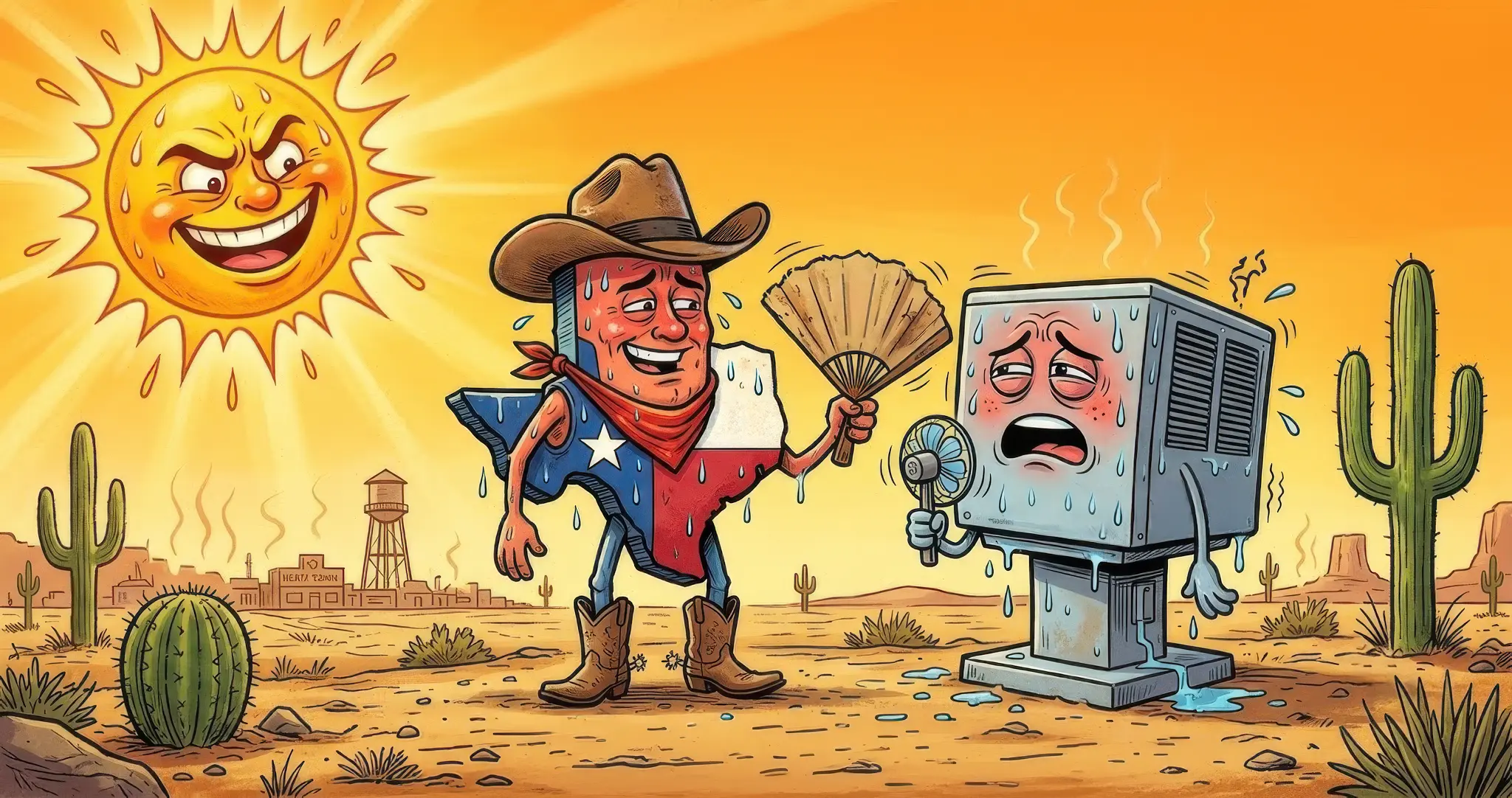Cartoon cowboy happily holding a fan in a scorching desert while a distressed air conditioning unit struggles in extreme Texas heat