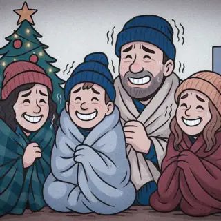 Family shivers under blankets as their furnace shows an error message.