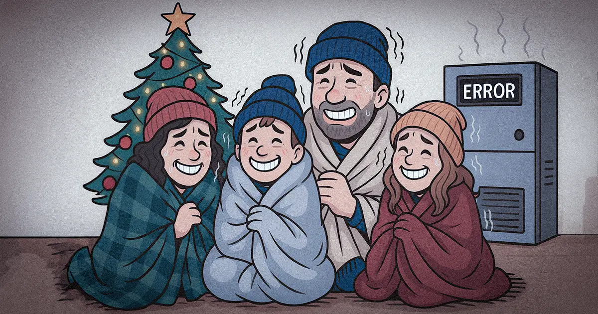 Family shivers under blankets as their furnace shows an error message.
