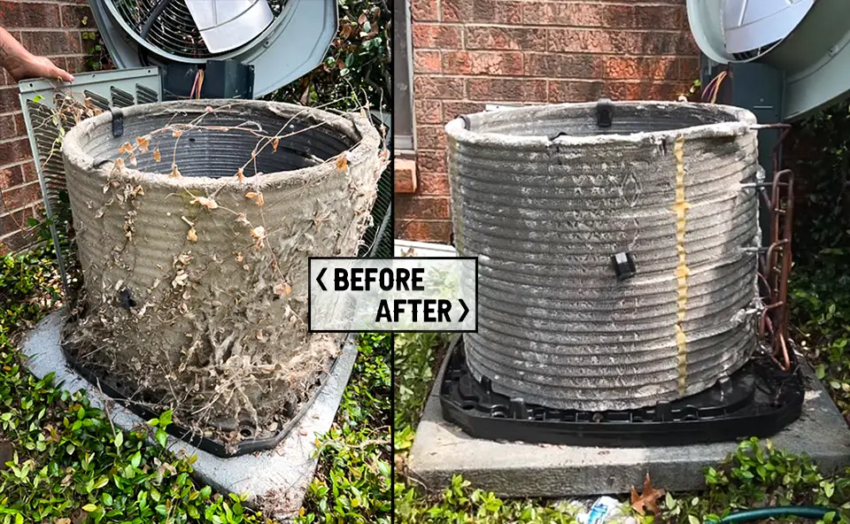 Before and after photo showing a terribly dirty outdoor HVAC coil, and what it looks like once Empire Heating & Air has cleaned it.